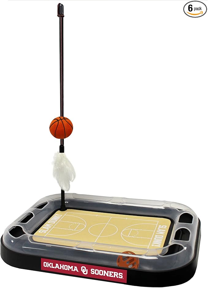 Cat Scratch Toy NCAA OKLAHOMA Sooners REVERSIBLE Basketball Court Felt/Cardboard Cat Scratcher Toy with Interactive Cat Ball Bell in Tracks. 6-in-1 CAT TOY Cat Wand Poll CATNIP-FILLED Plush Basketball