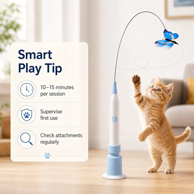 Rechargeable Butterfly Cat Toy for Indoor Cats, Electric Cat Wand with Suction Cup Base, 2 Play Modes, Self-Play & Handheld Cat Wand with 5 Cloth-Buckle Butterfly Refills, Blue