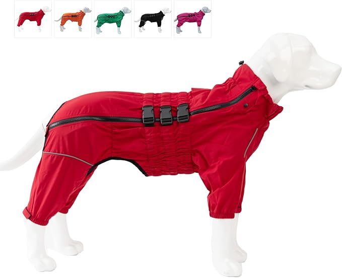 Lovelonglong Waterproof Dog Raincoat – 4-Leg Full Body Dog Rain Suit with Reflective Strips & Leash Opening, Outdoor Dog Jacket for Rainy Weather