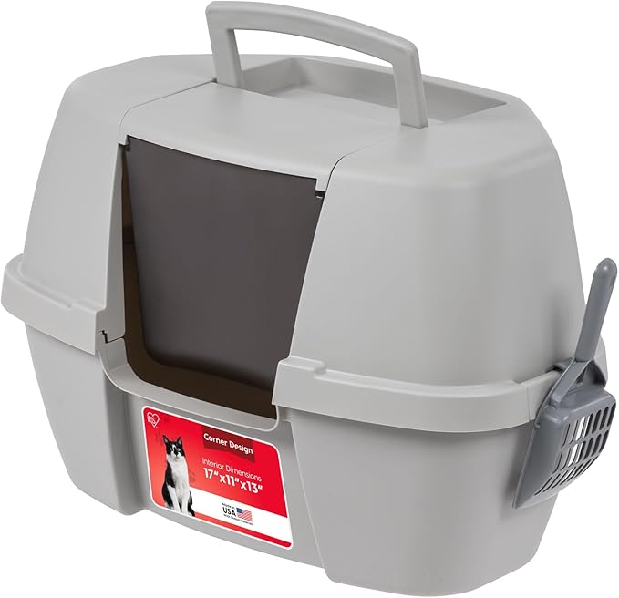 IRIS USA Large Corner Cat Litter Box, Space Saver, Gray | Discreet Locations, Compact Triangle Shape, 90-Degree Design, Triangular Footprint, Odor Defensive, Hidden Placement