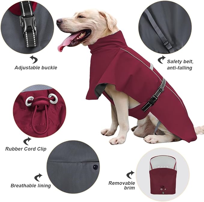 Pet Dog Raincoat Jacket Large Dog Rain Poncho with Transparent Hood, Double-Layer Structure, Adjustable, Waterproof, and Reflective, Suitable for Medium to Large (Wine Red, 6XL)