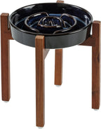Havniva Raised Slow Feeder Dog Bowls, Elevated Dog Bowls Slow Feeder | 1.6 Cups Ceramic Dog Bowl Elevated with Acacia Wood Stand, Raised Dog Food Bowl, Puzzle Slow Feeder for Medium Dogs, Non-Slip