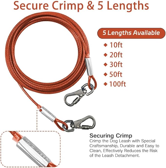 Dog Tie Out Cable - Chew Proof Steel Wire Lead - 360° Tangle Free Outdoor Leash for Pups - Dog Runner Cable for Small to Medium Dogs (Red, 45lbs/30ft)