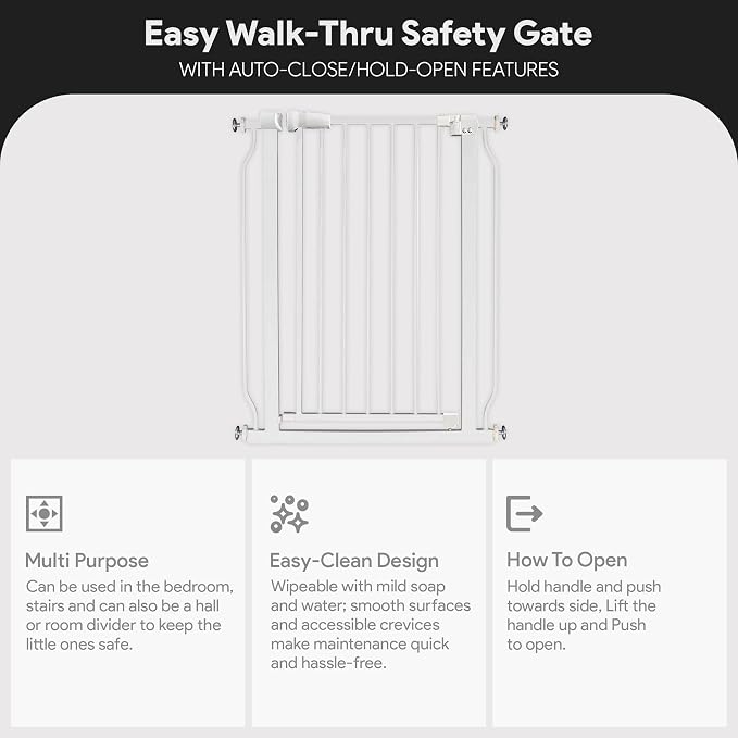 BalanceFrom Easy Walk-Thru Baby Safety Gate, Fits 29.1" to 33.8" Openings | with Hold-Open and Auto-Close – Adjustable Steel Barrier for Stairs, Doorways, and Hallways, No Drilling Installation