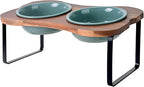 SPUNKYJUNKY Ceramic Elevated Tilted Dog Bowls Bone-Shaped Raised with 2 Height Iron Stand, 6.9'' Dog and Cat Food Water Bowls Set Non-Slip for Small Medium Sized Breed - 20 OZ,Dark Green