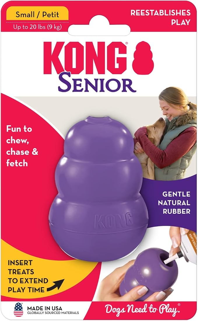 KONG Senior - Dog Toy with Gentle, Natural Rubber - Durable Dog Toy for Older Dogs - Use Treats with Stuffable Chew Toy - Treat Toy for Chewing & Fetching - for Small Dogs