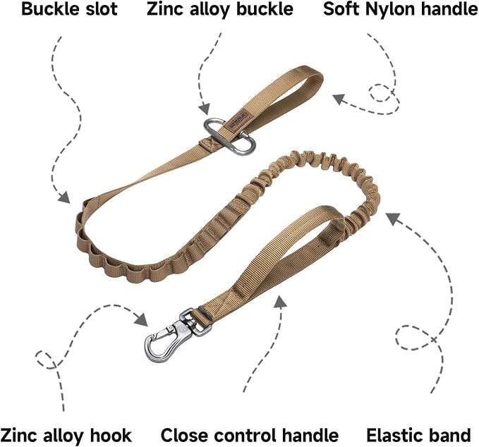 EXCELLENT ELITE SPANKER Tactical Military Bungee Nylon Dog Leash Adjustable | Adjustable No Pull Leads Rope Quick Release with 2 Control Handle heavy duty durable for training huntingfor medium large dog