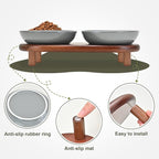 SPUNKYJUNKY Extra Wide Elevated Ceramic Cat Bowl with Acacia Wood Stand Whisker Friendly (Cat Paw Pattern, Gray)