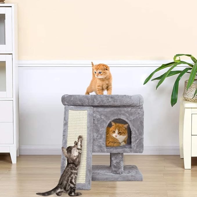 SYANDLVY Small Cat Tree for Indoor Cats, Cat Tower with Scratching Post, Modern Activity House for Large Cats, Condo with Board, Kittens Cave (Light Grey)