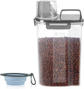LEAWALK 3-5Lbs/3Qt Dog Cat Food Storage Container With Foldable Bowl. Plastic Pet Food Dispenser for Small Animal Kibble/Pet Food/Bird Seed/Oatmeal/Rice/Flour/Brown Sugart/Cereals (Clear Black)