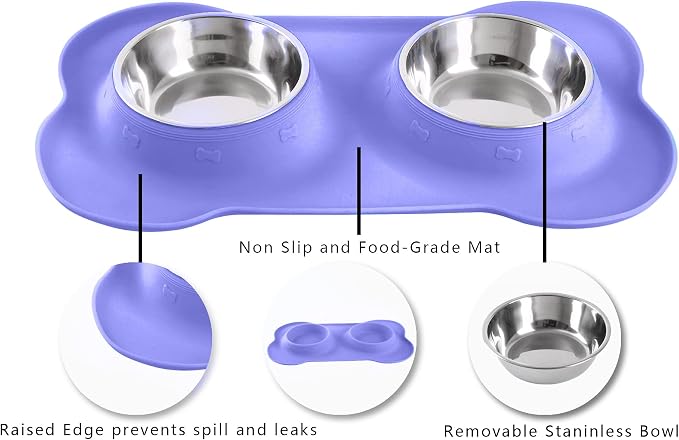 Hubulk Pet Dog Bowls 2 Stainless Steel Dog Bowl with No Spill Non-Skid Silicone Mat + Pet Food Scoop Water and Food Feeder Bowls for Feeding Small Medium Large Dogs Cats Puppies (Small, Purple)