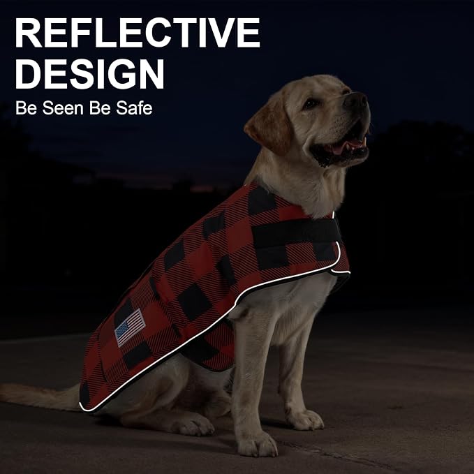 BEAUTYZOO Dog Winter Coat for Large Dogs Waterproof, Warm Reflective Great Dane Oxford Canvas Jacket, Fleece Dog Cold Weather Coats Windproof for Female Male Dogs, Red Plaid L