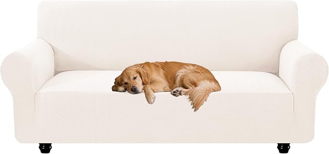 XINEAGE Stretch 3 Seater Slipcover, Non-Slip Pet Couch Cover,Beige White | Washable Furniture Protector, Elastic Bottom, Dogs & Cats Friendly, Scratch-resistant, Fast Setup, High Elasticity