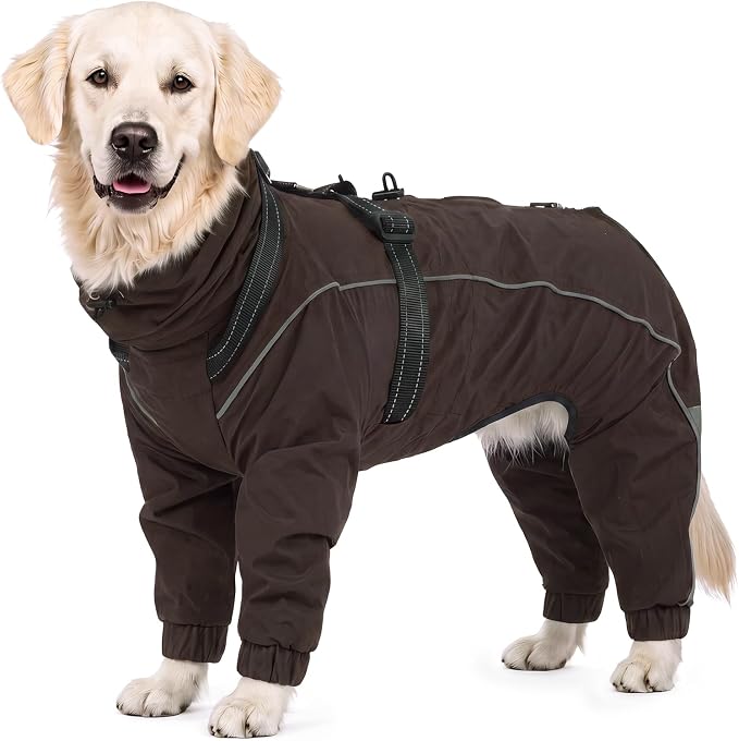 Kuoser Waterproof Hooded Dog Raincoat, Full Body Coverage, Brown 3XL | Heavy-duty waterproof material blocks rain thoroughly, Ergonomic fit for free movement, Built-in Harness, reflective strips