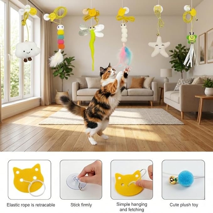 Interactive Hanging Cat Feather Toys, 18 PCS Cat Teaser Retractable Hanging Indoor Kitten Play Toys, Make Cats Fun Exercise & Self Play Toys