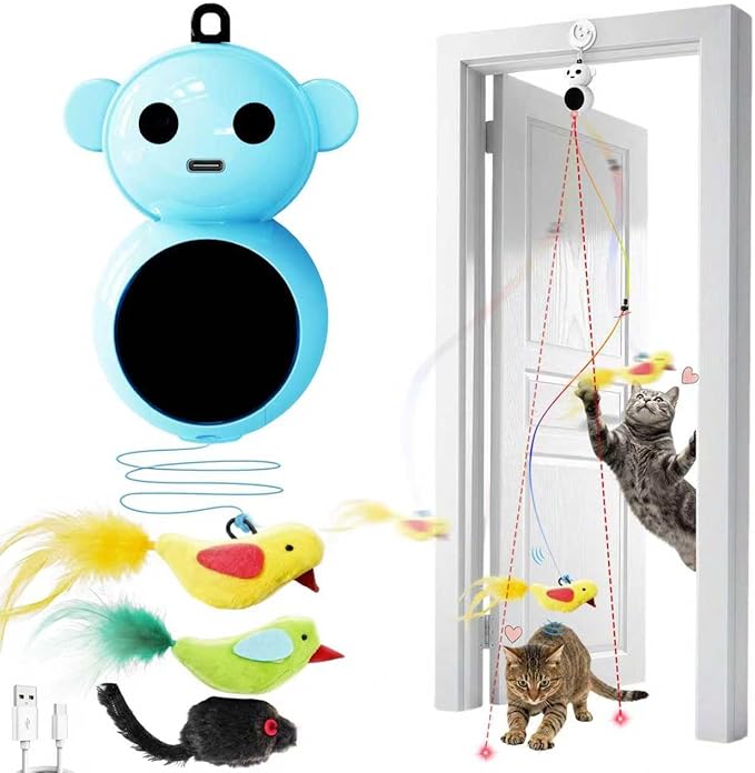 Interactive Cat Toys with Automatic Feather Flying Bird for Bored Adult Cat | Catpick toy Doorway Hanging Feather Toys Safe for Indoor Kitten, Wand Toys for Exercise &Enrichment, Rechargeable, Blue
