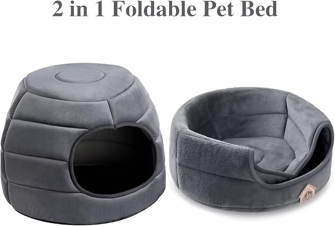 Hollypet Cat Bed Cave for Indoor Cats for Pets up to 15 lbs, Dark Gray | Warm Cat Bed Cats Igloo Cave Condo, Covered Kitty House with Removable Washable Cushion, Cozy Enclosed Pet Bed for Small Dogs