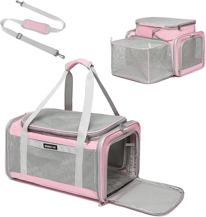 Airline Approved Pet Carrier for Cats and Small Dogs up to 15 lbs, Breathable Mesh, Portable Travel Bag for Bearded Dragon, Puppies Animal Hangbag, Rabbit Cage (Pink, Expandable)