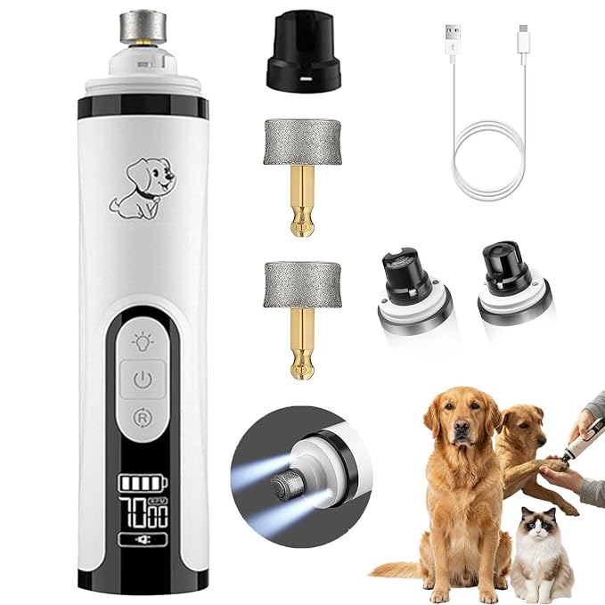 Silent Pets Nail Grinder with 2 Lights and 3 Speeds,Cordless Nail Trimmers | Rechargeable Dog Nail Trimmers,Painless Paws Grooming Pro for Small Medium Large Dogs & Cats (2 Replacement Heads)