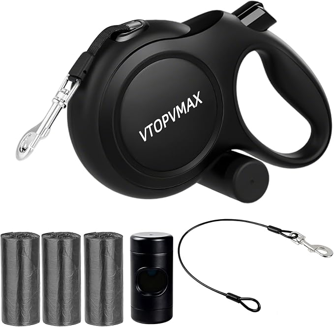 26Ft Retractable Dog Leash for Medium/Large Dogs up to 110lbs, Strong Heavy Duty Retractable Leash with Chew-Proof Cable, 360 Tangle Free, One Hand Brake Lock & Poo Bag Holder (Black)