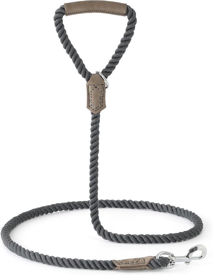 Mile High Life Dog Leash Braided Cotton Rope w/Leather-Wrapped Ends/Handle | Rust-proof 360° swivel clasp, Heavy-duty for medium/large dogs. Great for weddings, daily walks (6 FT, 1/2", Dark Gary)