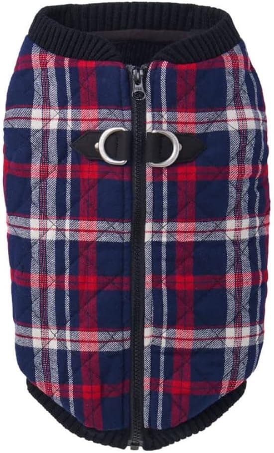 Gooby Fashion Vest Check Dog Jacket - White Check, X-Small - Warm Zip Up Bomber Vest Dual D Ring Leash - Winter Water Resistant Small Dog Sweater