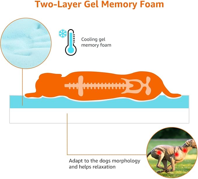 Amazon Basics Dog Bed with Cooling Gel Memory Foam, Machine Washable Removable Cover, Anti-Slip Bottom, Pressure-Relief Support for Dogs up to 90lbs, Extra Large (41" x 29"), Grey