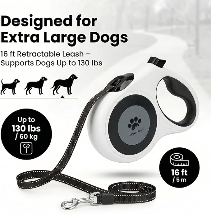 16 ft Retractable Dog Leash for Extra Large Dogs up to 130 lbs,Tangle-Free Nylon Tape,White Dan24 XL