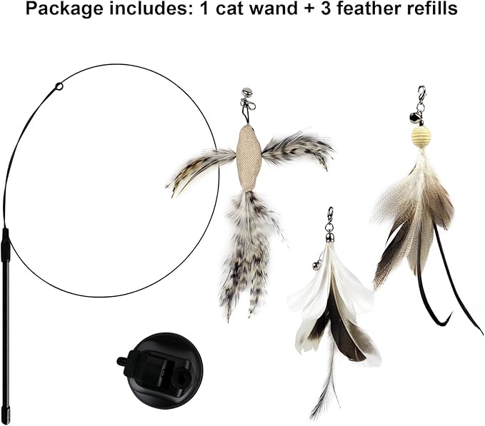 TTcat Cat Wand Toys with Suction Cup, Interactive Bird Simulation Cat Toy Set,Cat Teaser Cat Toys,Flexible Steel Wire and 3Pcs Replacement Feather Refills with Bells.