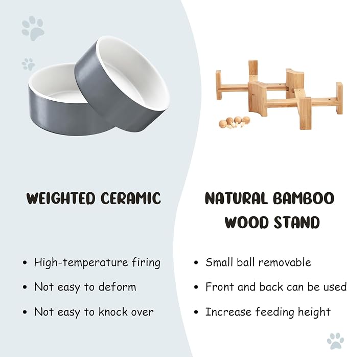SPUNKYJUNKY 15° Slanted Ceramic Dog and Cat Bowl with Wooden Stand, Tilted Bulldog Food and Water Bowl No Slip Non-Spill for Cats Medium Dogs Big Face Pets 13.5 OZ (1.7 Cups, White-Grey × 2)