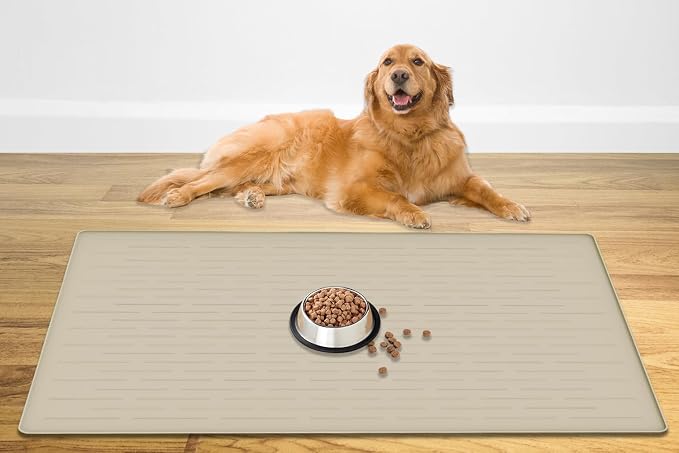 48" x 32" XXXL Largest Pet Food Mat, Silicone Dog Mats for Food and Water, Nonslip Pet Feeding Mats for Floors,Dog Cat Bowl Mat with Raised Edges, Beige
