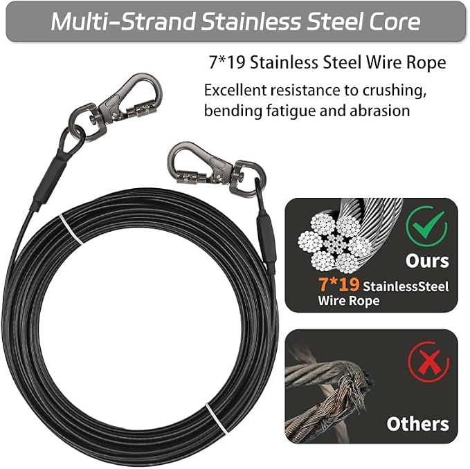 Dog Tie Out Cable - Chew Proof Steel Wire Lead - 360° Tangle Free Outdoor Leash for Pups - Dog Runner Cable for Small to Medium Dogs (Black, 45lbs/30ft)