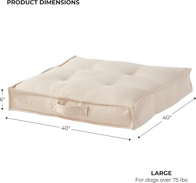 Indoor Dog Bed with Removable Washable Cover, Soft Basketweave Fabric, Reversible Cushion, Carry Handle, Baffle Construction to Help Prevent Fill Shifting, Cream - Large (40"x40")