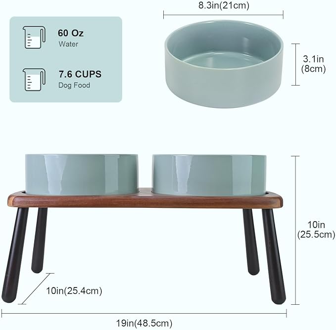 SPUNKYJUNKY Ceramic Elevated Dog Bowls Raised with Acacia Bamboo Wooden Stand, 8.3'' Dog Food Water Bowls Set Non-Slip for Medium Large Sized Breed Microwave Dishwasher Safe - 60 OZ,Light Green