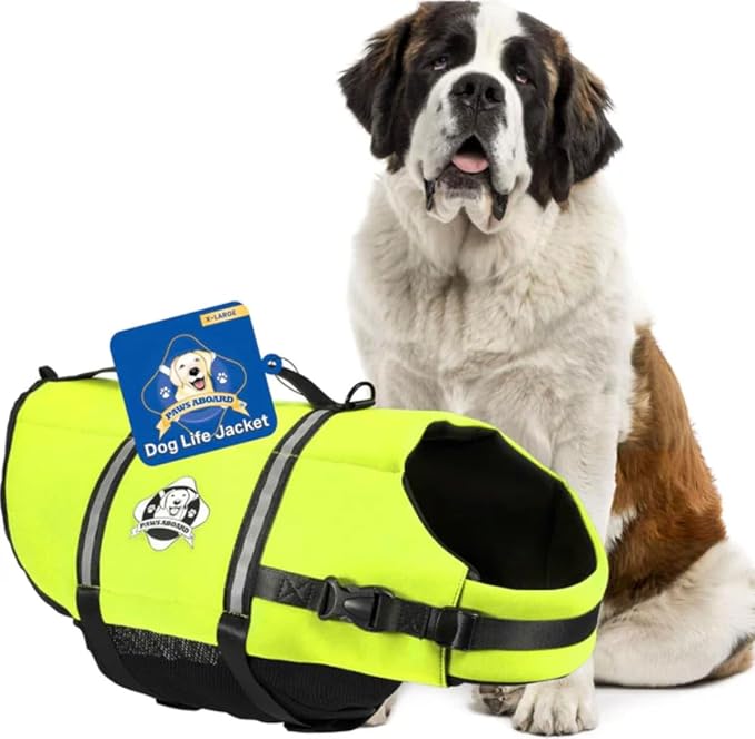 Dog Life Jacket - Swimming Vest for Dogs, Adjustable, Reflective, Comfortable, Multiple Colors, Patterns, XX-Small to Extra Large Dog Swim Vest with Handle (Neon Yellow, X-Large)