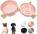 Ceramic Slow Feeder Dog Bowl Set-0.8 Cup Puzzle Dog Food Bowl（≈180g Food） for Fast Eater & 850ML Dog Water Bowl with Wooden Stand for Small Dogs and Cats,Anti-Slip-Pink