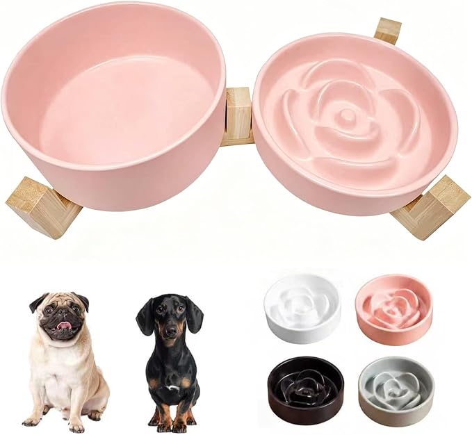 Ceramic Slow Feeder Dog Bowl Set-0.8 Cup Puzzle Dog Food Bowl（≈180g Food） for Fast Eater & 850ML Dog Water Bowl with Wooden Stand for Small Dogs and Cats,Anti-Slip-Pink