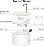 Ceramic Cat Water Fountain: 2.2L/78oz Ceramic Cat Fountain, Automatic Ceramic Water Fountain for Cats, Pet Water Fountain with Ultra-Quiet Pump and Filters & Sponges (White)