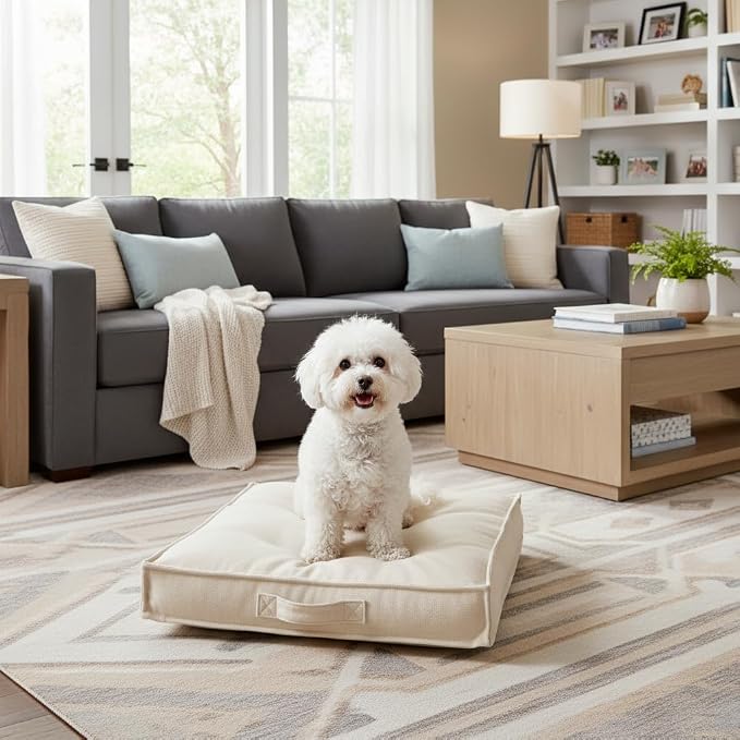 Indoor Dog Bed with Removable Washable Cover, Soft Basketweave Fabric, Reversible Cushion, Carry Handle, Baffle Construction to Help Prevent Fill Shifting, Cream - Small (24"x24")
