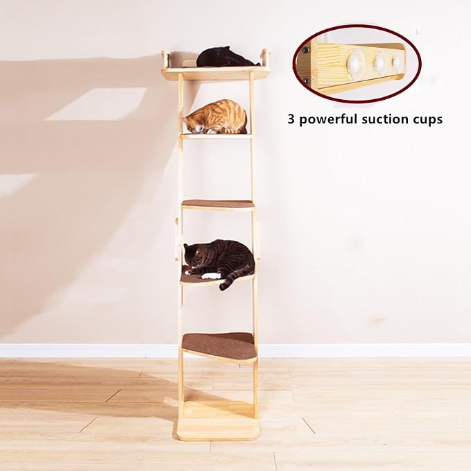 Modern 70“ Tall 6 Level Leaning Cat Climbing Ladder Tree Tower Condo with Large Perch Platform for Window Wall, Solid Wood Cat Furniture Shelves for Multiple Cats