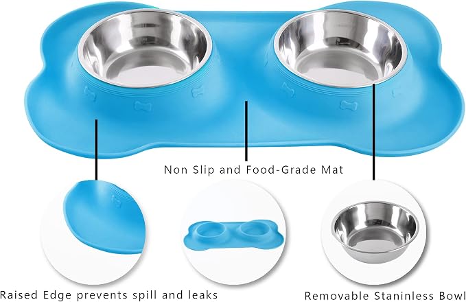 Hubulk Pet Dog Bowls 2 Stainless Steel Dog Bowl with No Spill Non-Skid Silicone Mat + Pet Food Scoop Water and Food Feeder Bowls for Feeding Small Medium Large Dogs Cats Puppies (X- Large, Turquoise)