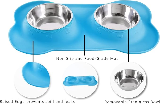 Hubulk Pet Dog Bowls 2 Stainless Steel Dog Bowl with No Spill Non-Skid Silicone Mat + Pet Food Scoop Water and Food Feeder Bowls for Feeding Small Medium Large Dogs Cats Puppies (Small, Turquoise)