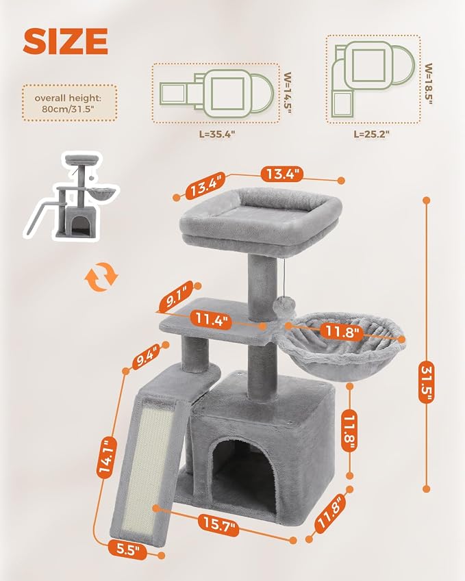 PETEPELA Small Cat Tree for Indoor Cats, 32'' Cute Cat Tower Cat Condo with Sisal Scratching Ramp, Cozy Hammock and Removable Top Bed Perch for Kittens, Grey | Compact 4-in-1: sisal scratching ramp, cozy hammock, condo & removable washable top bed; for...