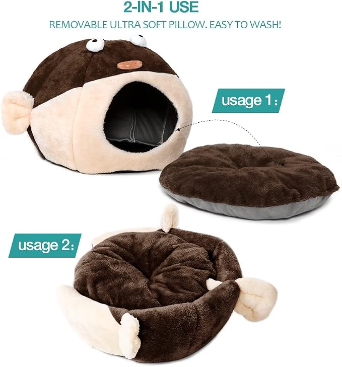 Cat Beds for Indoor Cats-Cat Bed Cave,Cute Lively Pufferfish Shape,Brown L | 2 in 1 Cats House for Kitten with Removable Washable Cushioned Pillow,Soft plush Cat Tent for cat Hideaway,Machine Washable