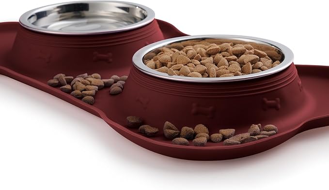 Hubulk Pet Dog Bowls 2 Stainless Steel Dog Bowl with No Spill Non-Skid Silicone Mat + Pet Food Scoop Water and Food Feeder Bowls for Feeding Small Medium Large Dogs Cats Puppies (X- Large, Burgundy)