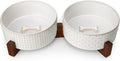 MALACASA Dog Bowl Set, Ceramic Bowls with Walnut Wood Stand, 6 Cups | Rhombic and polka dot design, non-slip base, for dogs, about 26% heavier than similar ceramic bowls