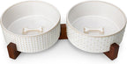 MALACASA Dog Bowl Set, Ceramic Bowls with Walnut Wood Stand, 6 Cups | Rhombic and polka dot design, non-slip base, for dogs, about 26% heavier than similar ceramic bowls
