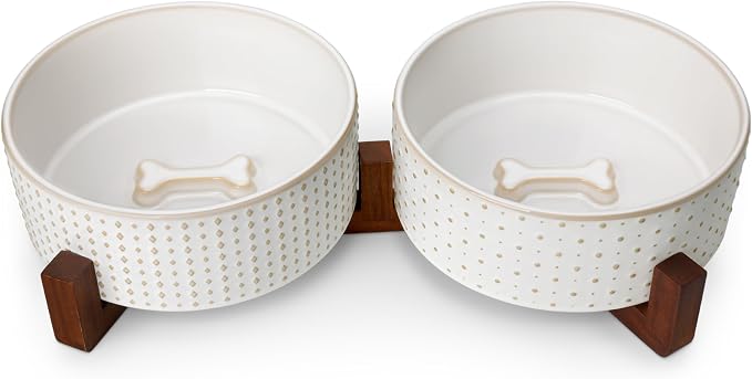 MALACASA Dog Bowl Set, Ceramic Bowls with Walnut Wood Stand, 6 Cups | Rhombic and polka dot design, non-slip base, for dogs, about 26% heavier than similar ceramic bowls