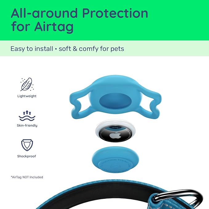 Airtag Dog Collar, Reflective Ultra-Durable Nylon Padded with QR Code Buckle & IP68 Waterproof Air Tag Holder Compatible for Apple AirTag, Comfortable for Small Medium Large Dogs(Blue,L)