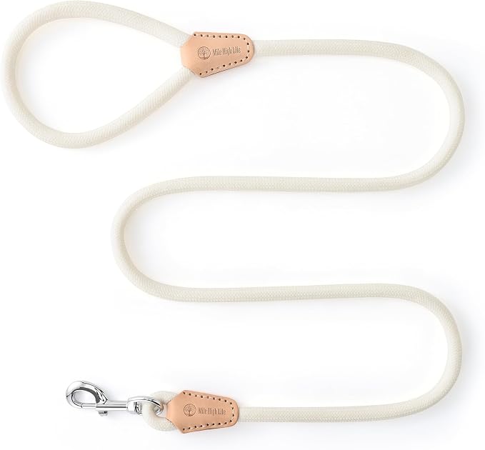 Mile High Life White Dog Leash with Genuine Leather Connection, 4/5/6 FT | Rope Leash, Heavy Duty 360° Swivel Metal Clasp, for Small Medium & Large Dogs (Cream White, 60 Inch)